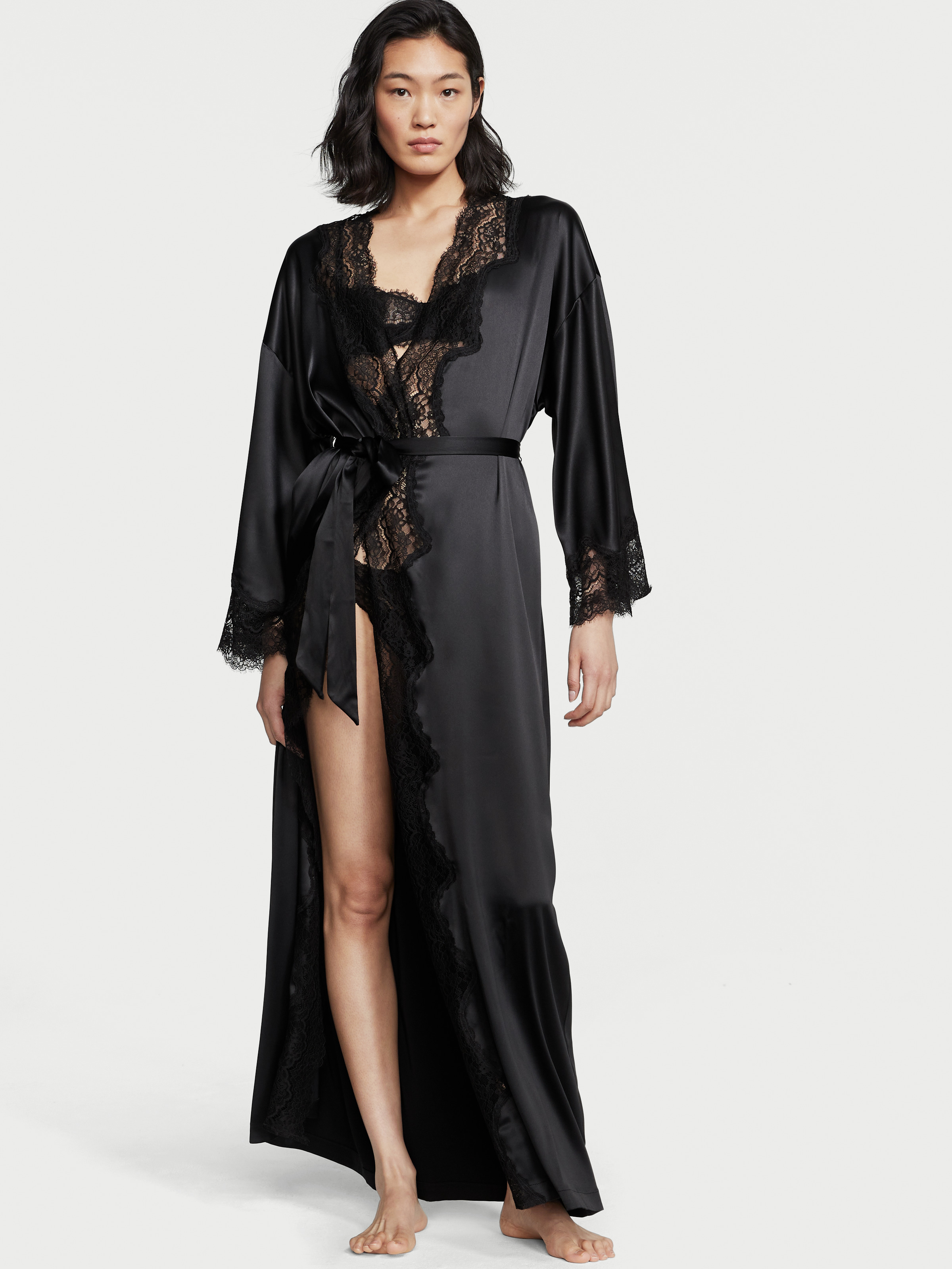 Lace-Trim Satin Long Robe