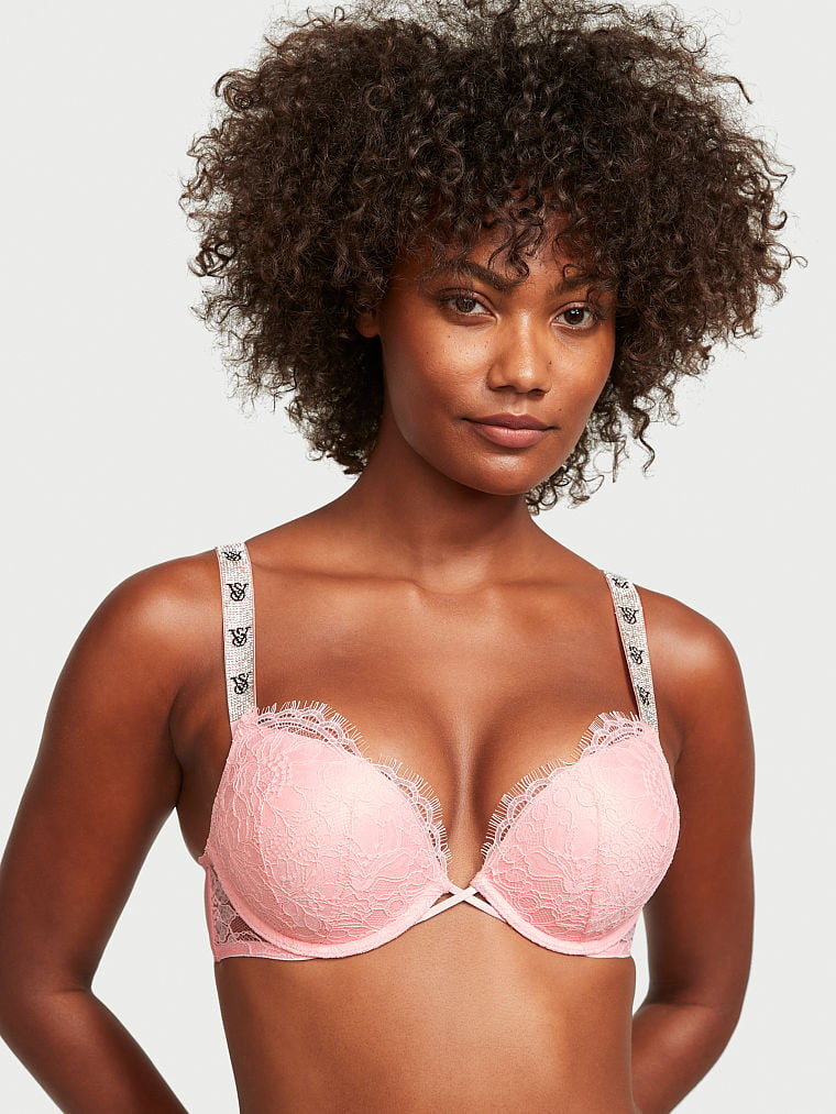 Victoria Secret Bra Bombshell Push Up Pink Banded Logo Trim Adds 2