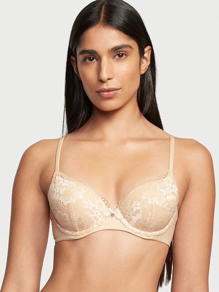 Polyester Women Beige Full Coverage Lightly Padded Lace Bra, Being