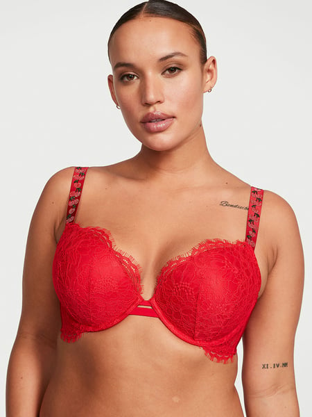 Victoria's Secret Bombshell Shine Strap Push Up Bra, Add 2 Cups, Plunge  Neckline, Lace, Bras for Women, Very Sexy Collection, Red Monogram (32A) at   Women's Clothing store