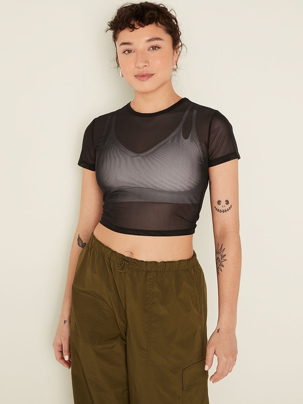 Black mesh crop top new arrivals short sleeve