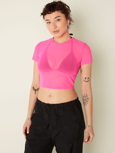 Mesh crop top short online sleeve
