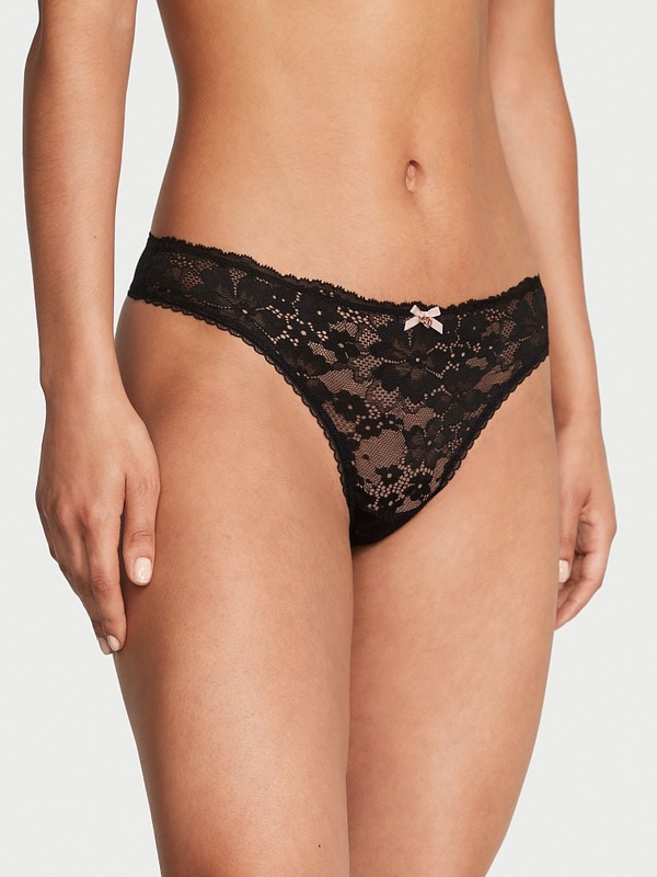 Cotton Essentials Lace-Trim Thong Panty in Black